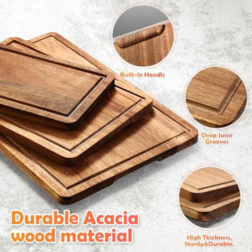Ziliny 9 Piezas Tablas de Cortar de Cocina Gruesas 3 Tamaños con Ranuras para Jugo y Mangos, Resistentes para Carnes y Verduras (Acacia) miniatura 3