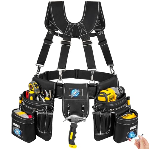 Tool Belt with Suspenders 27 Pockets Heavy Duty Tool Belts for Men with Magnetic Tool Pouch Detachable Adjustable Work Belt Bag for Electricians Carpenter Construction Utility Toolbelt Black
