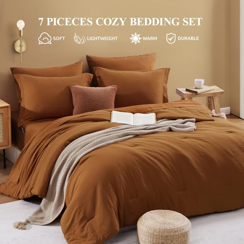 Image of King Size Comforter Set- 7 Pieces Prewashed Bed in a Bag King Bedding Sets | Soft All Season Comforter with Sheets, Pillow Shams & Pillowcases,Terracotta