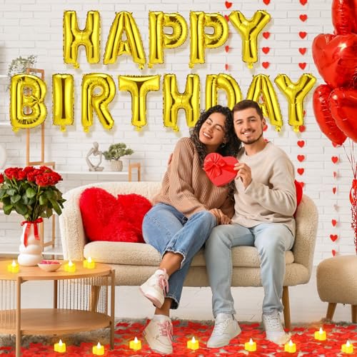 Image of Red and Gold Happy Birthday Balloons Decorations Happy Birthday Letter Balloons Banner Set 24pcs Heart Flameless LED Candles 2000pcs Artificial Rose Petals for Women Men Room Party Decor