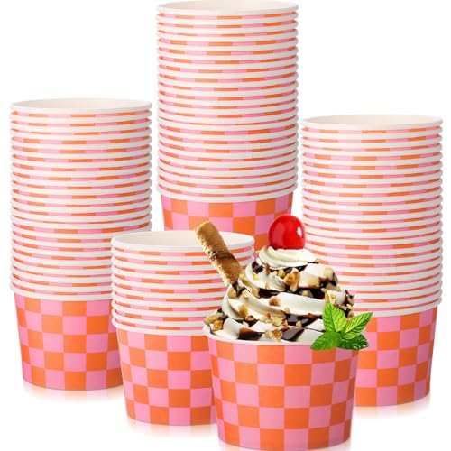 Image of Zopeal 50 Count Orange and Pink Checkered Ice Cream Cups Paper Race Car | Dessert Bowls 9 oz, Disposable Ice Cream Bowls, Birthday Party Supplies, Snack Cups Sundae Picnic Yogurt Bowls for Food