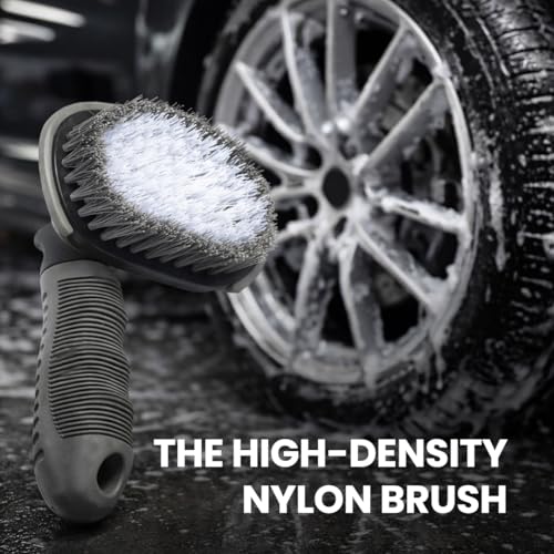 Image of MenzaPro Car Tyre Cleaning Brush with High-Density Nylon Bristles | 3D Curved Design, Anti-Slip Handle | Heavy-Duty Tyre, Wheel & Rim Cleaning Tool