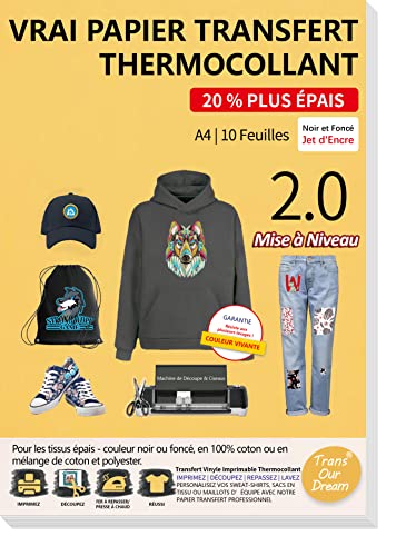 TransOurDream -10 x A4 Papier Transfert pour les Textiles épais couleur Noir ou Foncé - Sweat-shirt ou sac en tissu personnalisé, écusson thermocollant imprimable, Impression Jet d'Encre,FR-3-2.0-10