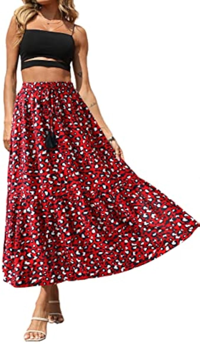 PRETTYGARDEN 高腰百褶裙 女款 豹紋印花長裙 飄逸波西米亞風A字夏季洋裝