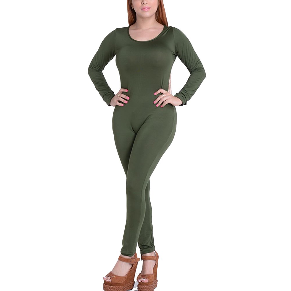 CHICFOR Womens Autumn Winter One Piece Unitard Full Bodysuit Crewneck Long Sleeve Catsuit Skinny Jumpsuit Lingerie Romper (Green, L)