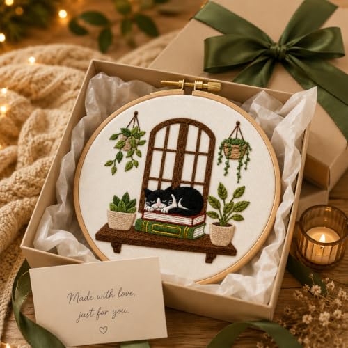 Image of Nuberlic Embroidery Kit for Beginners Stamped Black Cat | Includes Printed Fabric, Hoop, Threads, Needles And Guide Needlework Kit DIY Wall Decor, Gifts And Relaxing Art