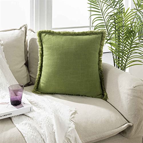 ATLINIA Decor Throw Pillow Cover - 20x20 Inch Linen Pillow Cover Decorative Farmhouse Boho Fringe Cushion Cover for Couch Sofa Bed Outdoor Green
