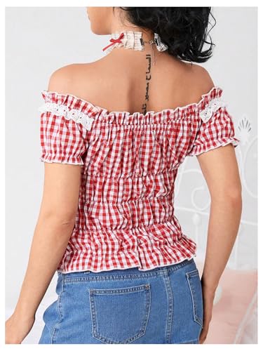 WDIRARA Women's Gingham Plaid Off Shoulder Peplum Top Ruffle Trim Crop Tops2