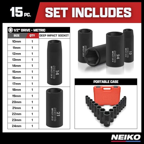 Image of NEIKO 02474A 1 /2 inch Impact Socket Set, 15 Piece Metric Socket Set 10-24 mm, Deep Sockets, 6 Point, 1 /2 inch Drive Sockets for 1 /2 inch Impact Wrench, Chrome Vanadium Cr-V