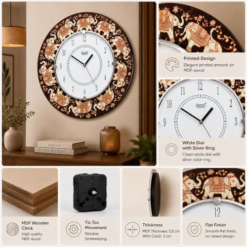 Image of Ajanta 41 CM MDF Wooden Wall Clock with Printed Elephant Design, Tic TOC Movement for Home Living Room Office