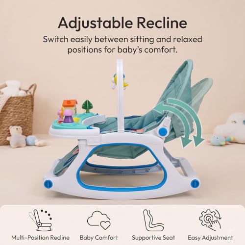 Image of StarandDaisy Dreamy Baby Rocker Chair with Play Tray, Mosquito Net & Toy Bar | Adjustable Recline, 3-Point Safety Harness | Infant Rocking Seat, Feeding Chair for Newborns & Toddlers 0-3 Years (Green)