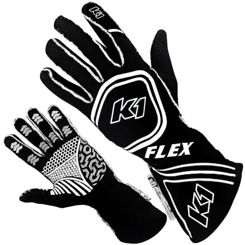K1 Flex Adult Nomex® Auto Racing Gloves - SFI 3.3/5 - Black, White - XL
