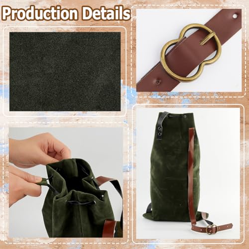Image of GORGECRAFT Medieval Drawstring Backpack Vintage Fibre Bag with PU Leather Straps Alloy Clasps Portable Pouch for SCA LARP Reenactment Ren Fair Cosplay Outdoor Gym Swim Beach Dark Olive Green 18x10.8in