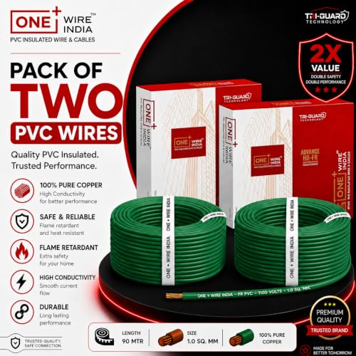 Image of 90m PVC Copper Electrical Wire (Pack of 2), Green, 1.0 mm