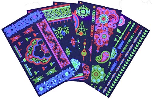 48 UV Blacklight Temporary Tattoos-Stars, Bracelets, Festival Tattoos, Henna Temporary Tattoos for Rave, Festival, Party, and Neon Blacklight Ultraviolet Light Dark Party Accessories by FunFamz