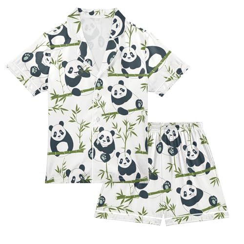 ALAZA Lovely Animal Panda Leaf Satin Pajamas Set Short Sleeve Button Down Sleepwear Summer Pjs 2 Piece