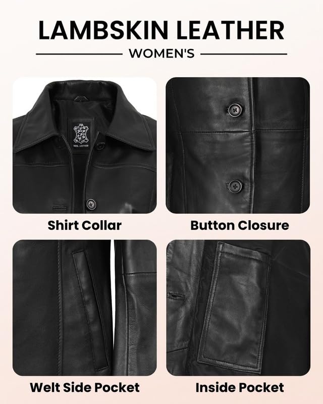 Image of Blingsoul Women's Lambskin Leather Car Coat - Vintage Real Long Leather Jacket for Women