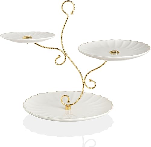 Miniatura 8 de SWEEJAR - Soporte de cerámica de 3 niveles para repostería, bodas, fiesta del té, charola para postres como cupcakes y pasteles