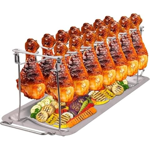 NEWCOMDIGI Chicken Leg Rack for Grill with Drip Tray, 14 Slots Stainless Steel Chicken Lollipop Rack, Drumstick Holder Roaster Stand for Smoker Grill Oven, Picnic, BBQ Accessories Cover