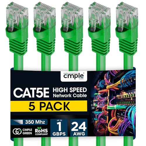 Cmple - (5 Pack) Cat5e Cable High Speed Ethernet Patch Cord Cable, Cat5 Wire for Fast Internet, RJ45 Computer LAN Network Cord 3Feet, Green
