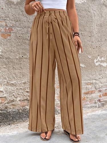 Image of Acelitt Women Casual Drawstring Elastic Waist Striped Wide Leg Pants with Pockets, S-XXL