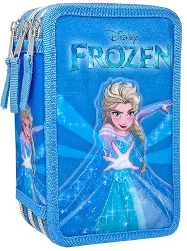 Clondo Astuccio 3D 3 Scomparti Bambina, Per Frozen Fan, Triplo Riempito, 44 Accessori Scuola Elementare, 3 Zip, 20cm, Riga, Pastelli, Pennarelli