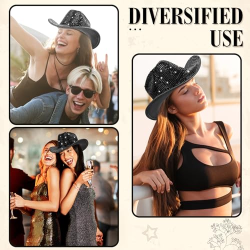 Image of Hercicy Rhinestone Cowboy Hat with Diamond Fringe CowHat for Cosplay Wedding circumference between 21.5 and 23.5 inches
