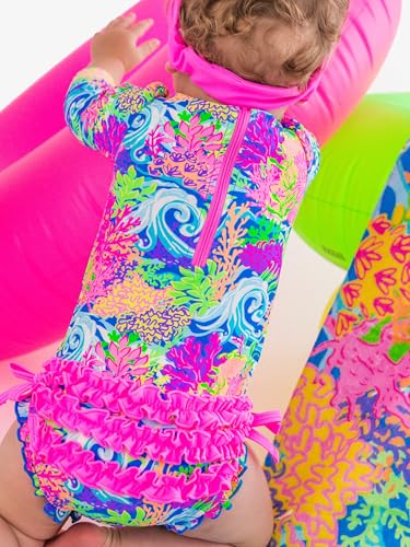 Image of RuffleButts Baby Girls UPF 50+ Sun Protection Floral Printed Long Sleeve One Piece Rash Guard Swimsuit with Zipper