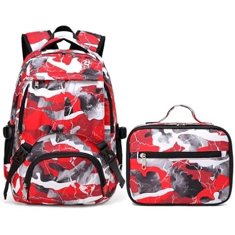 BLUEFAIRY Kids Backpack with Lunch Box for Boys Girls Elementary School Bags Set with Insulated Lunch Bags Large Campartments for Daughter Son Mochila Escolar para Niños Camo Red Cover
