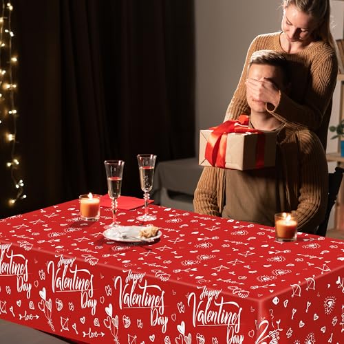 Image of QZYL 2 PCS Valentines Decorations, Disposable 108 inch X 54 inch Valentines Tablecloths, Plastic Romantic Red Love Heart Tablecloths, Rectangle Love Table Covers, Valentine's Decorations for Memorable Tables