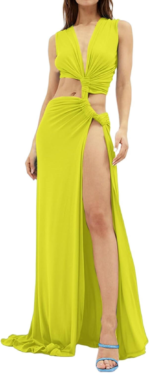 MINGSEECESS Women Evening Long Prom Dress Irregular Wrap Deep V Neck Floor Length Party Maxi Dresses Gown