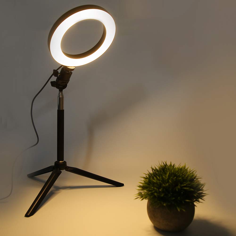 6-calowa ściemniana LED USB z Pierścieniem Wypełniającym do Fotografii + Statyw Stacjonarny + Kijek do Selfie, 10-poziomowe 3 Kolory Bezstopniowe Przyciemnianie + Urządzenie Przenośne dla
