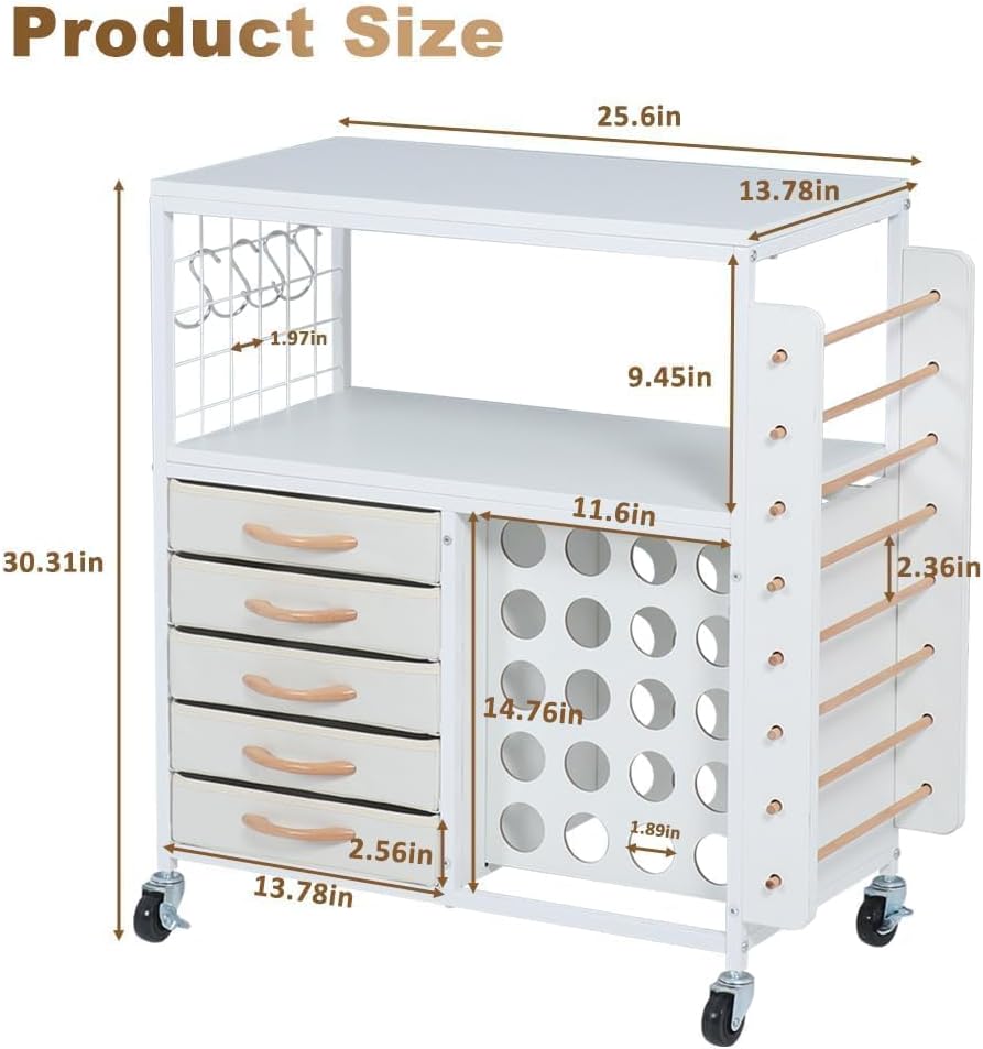 LUCKUP Organization and Storage Craft Table for Cricut Machines, Rolling Cart Cabinet with 28 Vinyl Roll Holders and 5 Drawers, Heat Press Stand Crafting Storage Cart with Hooks