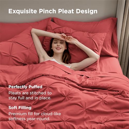 Image of Bedsure King Size Comforter Set Coral Red - Bed in a Bag Bedding Set 7 Pieces, GentleSoft Pintuck Bed Set Gift for Family, All Season Down Alternative Comforter with Sheets, Pillowcases & Shams