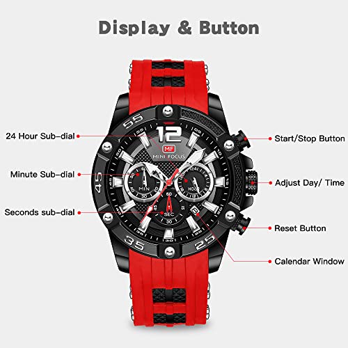 Mini Focus Men Watches Unique Casual Wrist Watches (Chronograph/Waterproof/Luminous/Calendar/24 Hours) Silicon Band Fashion Watches For Men(Red) #TOP4