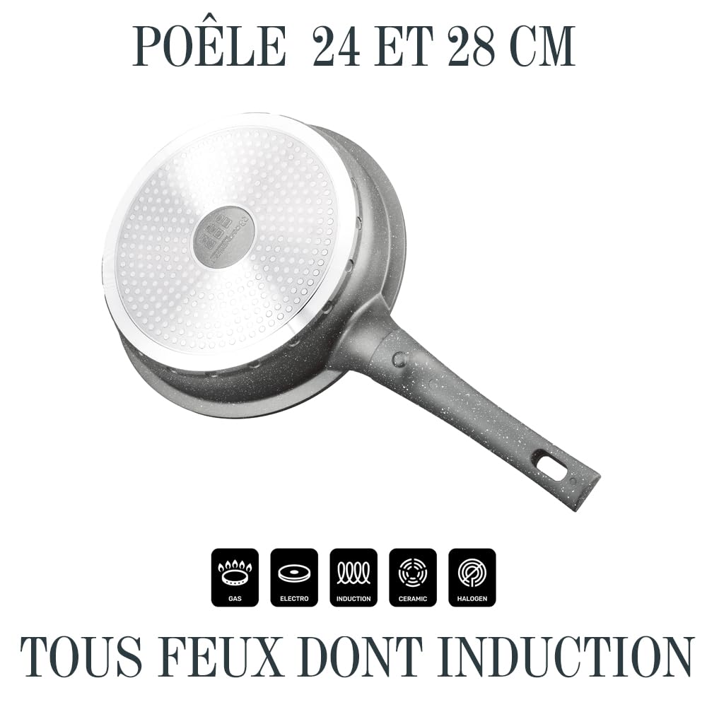 Lot Batterie de Cuisine Induction 13 Pièces Poêles, Marmites & Casserole en Fonte d'Aluminium – Manches Amovibles – Revêtement Céramique Antiadhésif sans PFOA/PFAS Tous Feux & Couvercles Verre (Gris)