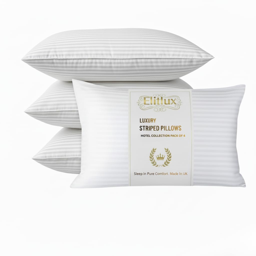 Elitlux White Hotel Quality Striped Pillows 4 Pack – Soft & Supportive Down Alternative Filling – Comfortable Firm Pillows For Side, Back & Stomach Sleepers – Machine Washable (White)
