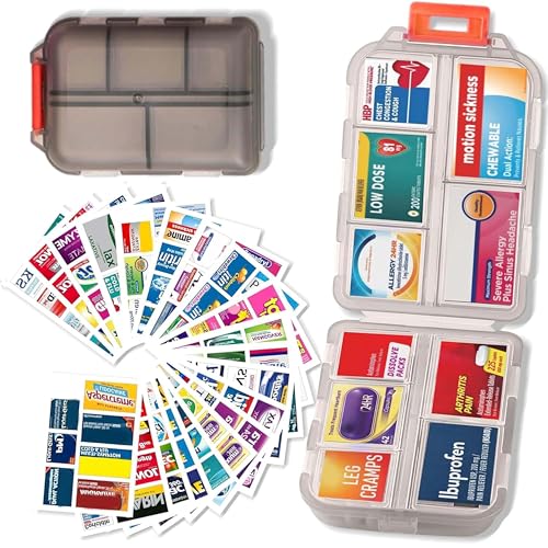 Pill Organizer with Medicine Labels Travel Daily Pill Container Mini Medication Organizer Storage Pill Organizer Travel Essentials Pill Case 7 Day Pill Organizer(Grey & 146 Lables)