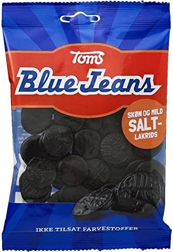 ScandiKitchen, Toms Pingvin Blue Jeans Mild Salt Lakrids โ Danish Sweets, Round Flat Mild Liquorice Discs, 1 x 110g Bag