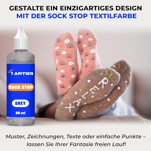 7 Artists Sock Stop Textilfarbe Grau 80 ml – Flüssiger Sockenstopper für Stoppersocken, Anti Rutsch Socken, Grip Socks Pilates | Antirutsch Kleber für Socken, Teppichfarbe