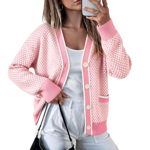 Fisoew Womens Knit Cardigan Sweaters V Neck Button Down Knit Outerwear Pink