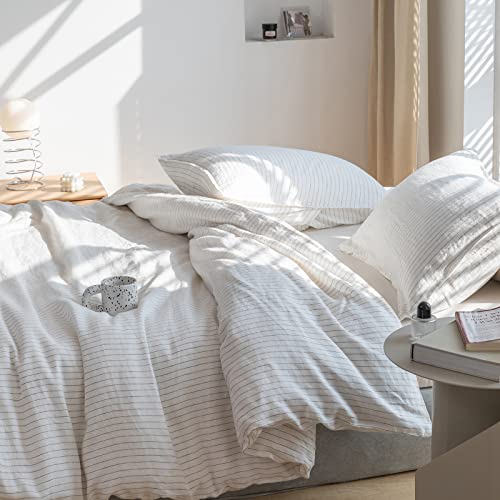 Simple&Opulence 100% Pure Linen Duvet Cover Set, 3Pcs Striped Washed
