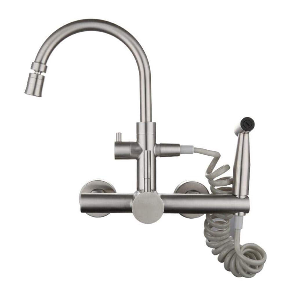 ZBBDFAZD Kitchen Taps Wall Mounted Kitchen Tap Stainless Steel,Kitchen Faucet with Spray Gun Double Holes Hot and Cold 2 Modes Kitchen Sink Mixer Tap Brushed