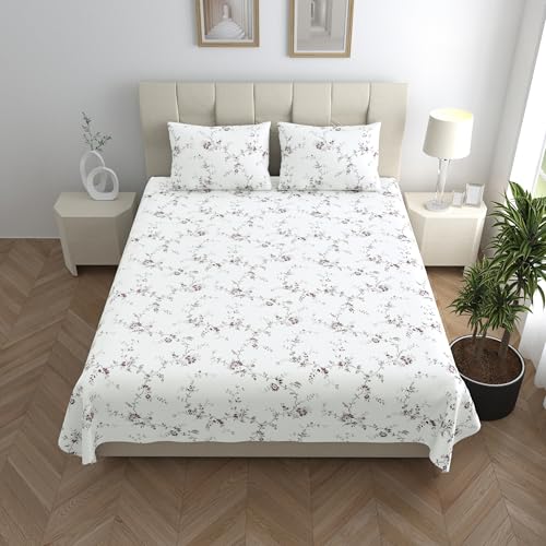 Image of LINENWALAS 100% Cotton Bed Sheet for Super King Size Bed, Floral Printed Bedsheet with 2 Pillow Covers | 210 TC Soft, Breathable, Luxury Bedsheet (Vineyard, 108 x 120 Inches), White