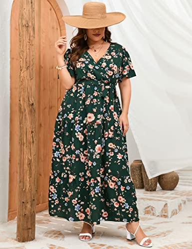 Image of ShopWonder Womens Plus Size V Neck Wrap Maxi Dress High Waist Ruffle Summer Casual Dress with Belt
