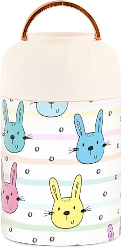 Cute Little Bunny on Stripes Doodle - Tarro aislado con cuchara para niños y mujeres, contenedor de alimentos calientes de 17 onzas 16.9 fl oz,