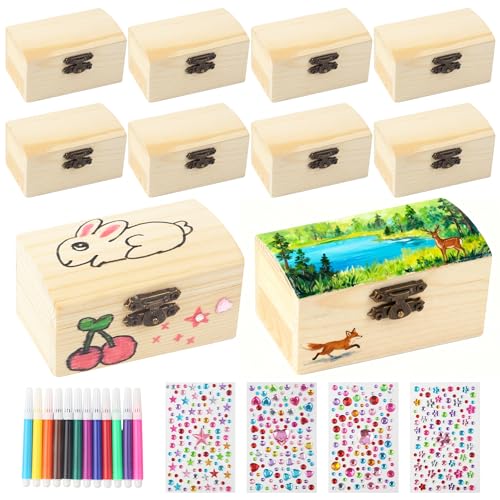 10Stück Schatztruhe Kindergeburtstag Mini Schatztruhe Schatzkiste Holz Bastelset Kleine Schatztruhe Kinder Holzbox mit Deckel enthält Buntstifte und Aufkleber Perfekt zum Malen und Basteln auf Partys