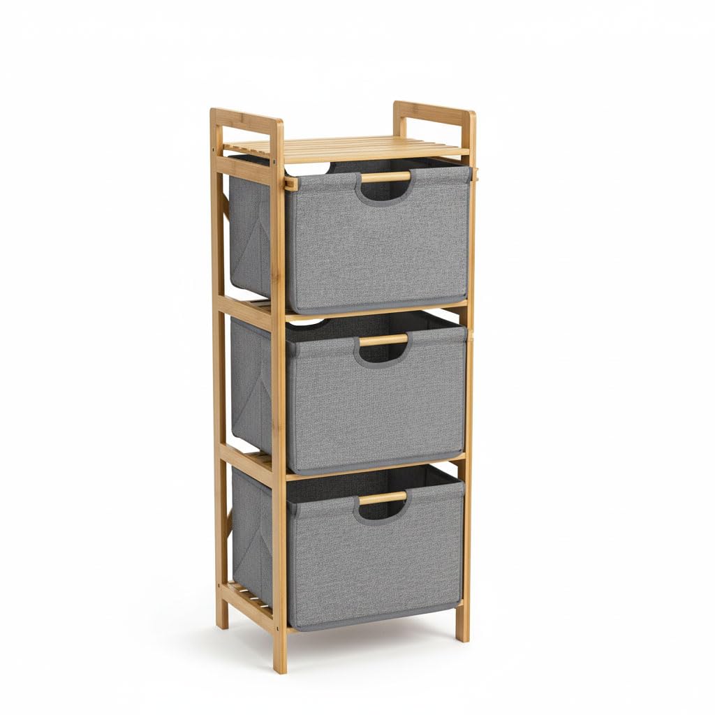Deconox Doğal Bambu 3 Katlı Organizer Raf 43x33x98 cm - Çok Amaçlı Banyo Mutfak ve Balkon Düzenleyici