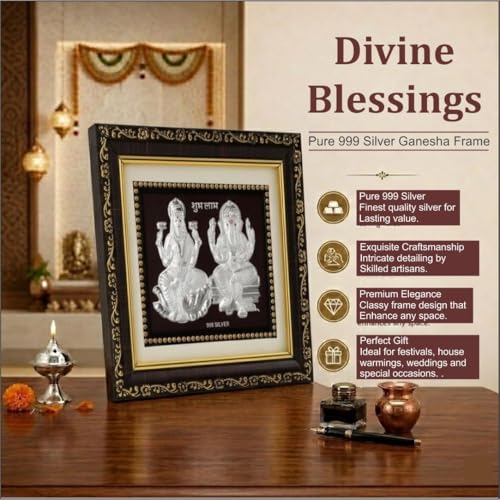 Image of 999Pure Silver Laxmi Ganesh Photo Frame for Home & Office | Premium Silver | PoojaRoom & Wall Decor | Wedding & Festival Gifts | Certificate Included | Tabletop Size 5.5x5 inch