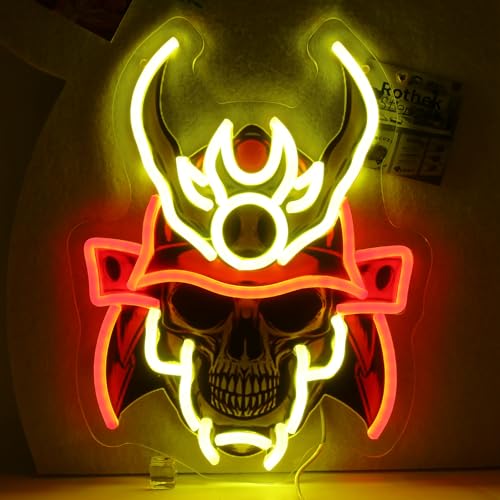 Image of Sumurai skull Neon Sign For Wall Decor, Colorful UV Printed Neon Light with Retro Design, LED Artwork for Bar, Bedroom, Game Room, Party Decoration Holiday Birthday Gifts